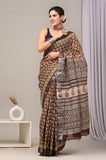 HAND BLOCK BLACK & WHITE PRINTED COTTON LINEN SAREE WITH BLOUSE  (LCS53)