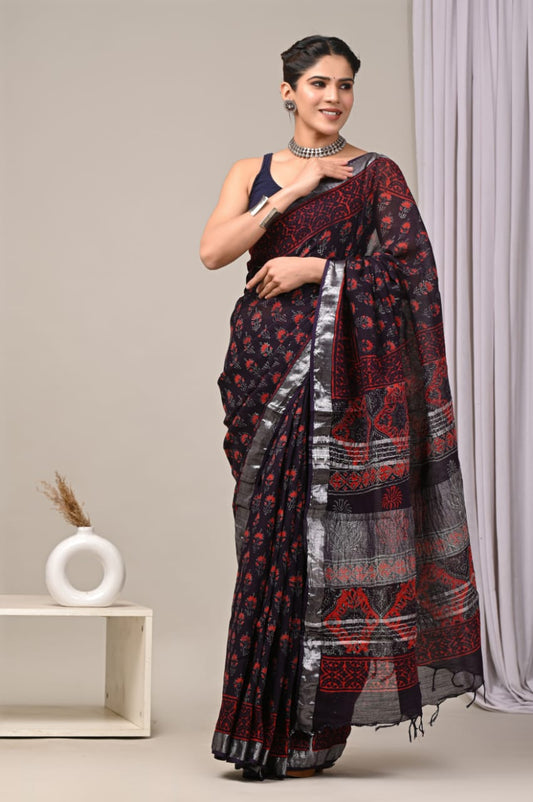HAND BLOCK BLACK & WHITE PRINTED COTTON LINEN SAREE WITH BLOUSE  (LCS54)