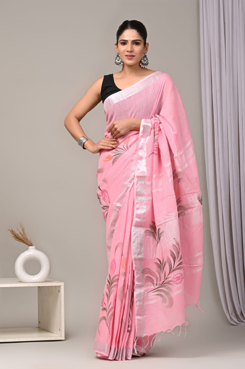 HAND BLOCK BLACK & WHITE PRINTED COTTON LINEN SAREE WITH BLOUSE  (LCS56)
