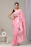 HAND BLOCK BLACK & WHITE PRINTED COTTON LINEN SAREE WITH BLOUSE  (LCS56)