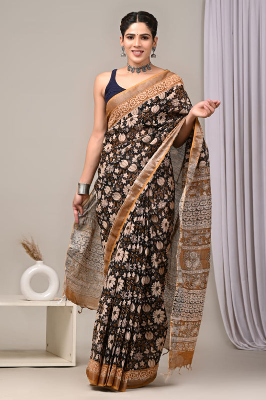 HAND BLOCK BLACK & WHITE PRINTED COTTON LINEN SAREE WITH BLOUSE  (LCS58)
