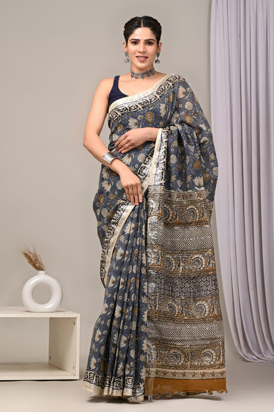 HAND BLOCK BLACK & WHITE PRINTED COTTON LINEN SAREE WITH BLOUSE  (LCS59)