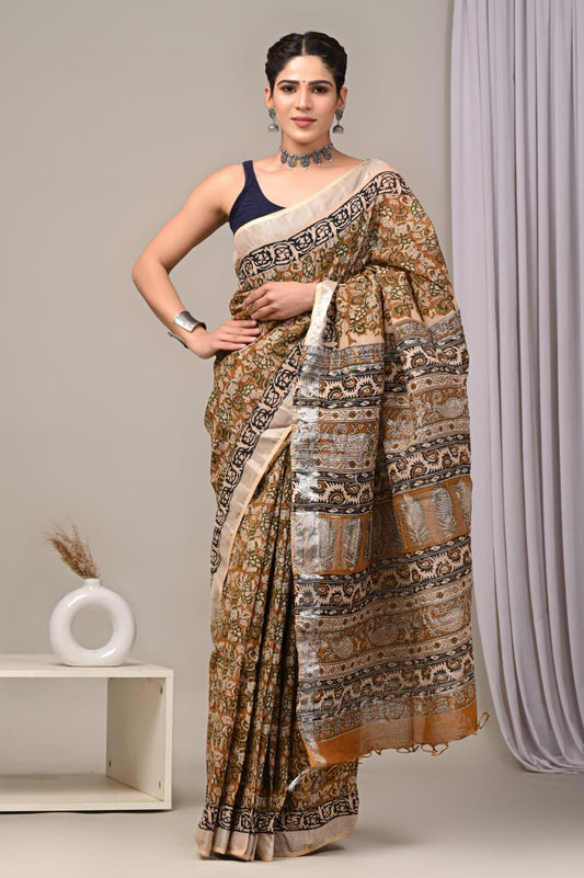 HAND BLOCK BLACK & WHITE PRINTED COTTON LINEN SAREE WITH BLOUSE  (LCS60)