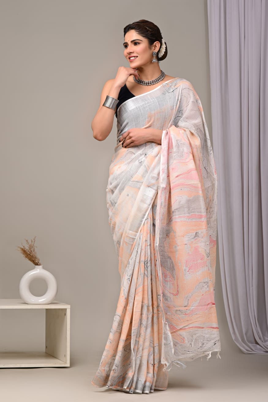 HAND BLOCK BLACK & WHITE PRINTED COTTON LINEN SAREE WITH BLOUSE  (LCS62)