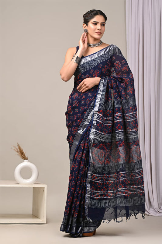 HAND BLOCK BLACK & WHITE PRINTED COTTON LINEN SAREE WITH BLOUSE  (LCS61)