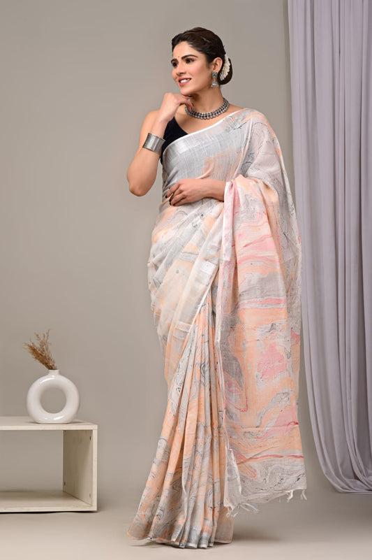 HAND BLOCK BLACK & WHITE PRINTED COTTON LINEN SAREE WITH BLOUSE  (LCS62)