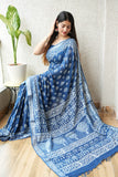 HAND BLOCK BLACK & WHITE PRINTED COTTON LINEN SAREE WITH BLOUSE  (LCS66)