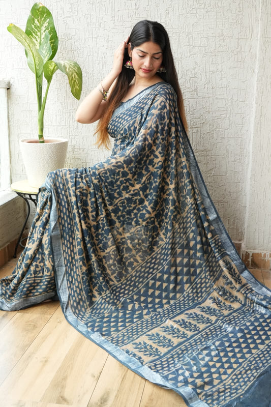 HAND BLOCK BLACK & WHITE PRINTED COTTON LINEN SAREE WITH BLOUSE  (LCS67)