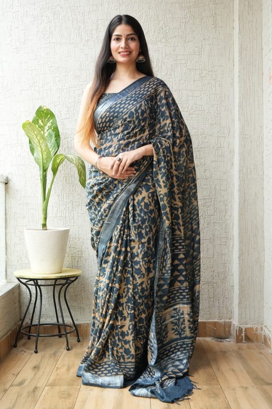 HAND BLOCK BLACK & WHITE PRINTED COTTON LINEN SAREE WITH BLOUSE  (LCS68)