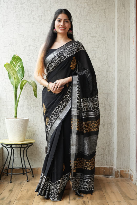 HAND BLOCK BLACK & WHITE PRINTED COTTON LINEN SAREE WITH BLOUSE  (LCS69)