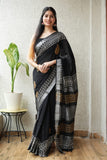 HAND BLOCK BLACK & WHITE PRINTED COTTON LINEN SAREE WITH BLOUSE  (LCS69)