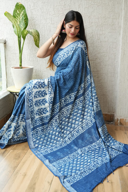 HAND BLOCK BLACK & WHITE PRINTED COTTON LINEN SAREE WITH BLOUSE  (LCS70)