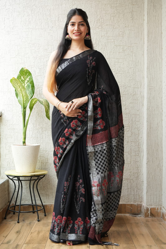 HAND BLOCK BLACK & WHITE PRINTED COTTON LINEN SAREE WITH BLOUSE  (LCS71)