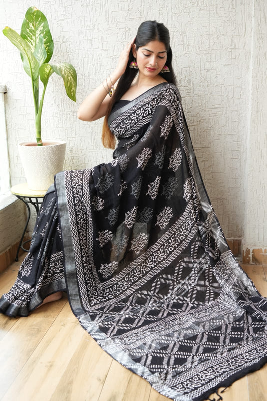 HAND BLOCK BLACK & WHITE PRINTED COTTON LINEN SAREE WITH BLOUSE  (LCS72)