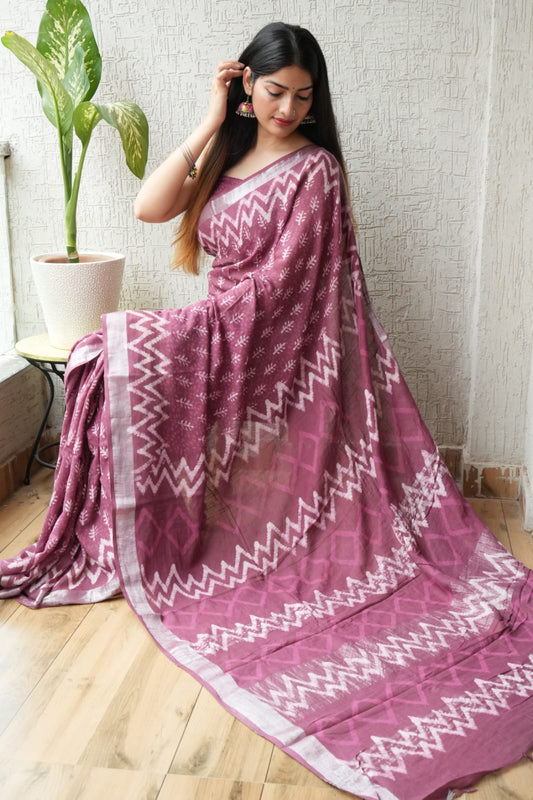 HAND BLOCK BLACK & WHITE PRINTED COTTON LINEN SAREE WITH BLOUSE  (LCS73)