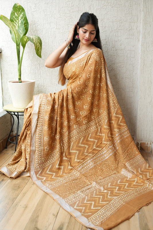 HAND BLOCK BLACK & WHITE PRINTED COTTON LINEN SAREE WITH BLOUSE  (LCS75)