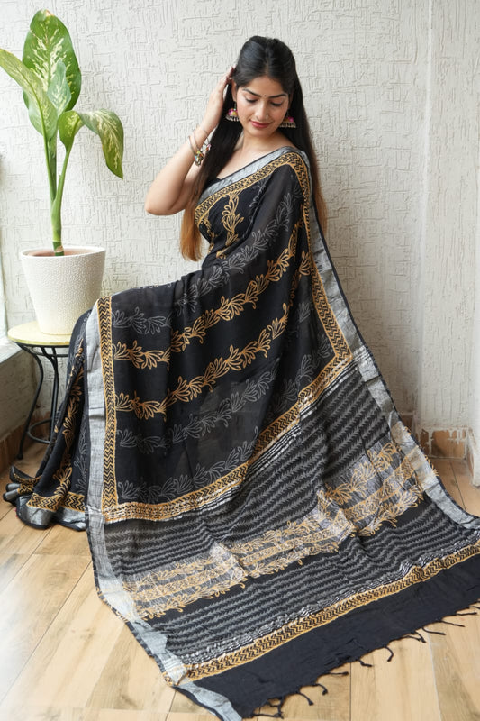 HAND BLOCK BLACK & WHITE PRINTED COTTON LINEN SAREE WITH BLOUSE  (LCS76)
