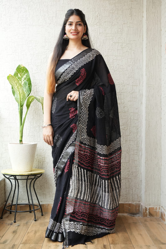 HAND BLOCK BLACK & WHITE PRINTED COTTON LINEN SAREE WITH BLOUSE  (LCS78)
