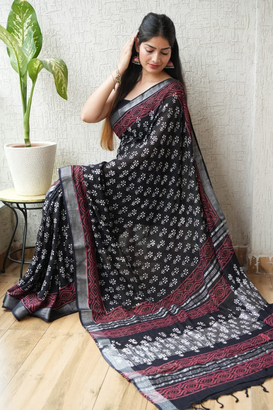 HAND BLOCK BLACK & WHITE PRINTED COTTON LINEN SAREE WITH BLOUSE  (LCS79)