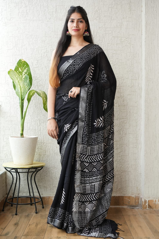 HAND BLOCK BLACK & WHITE PRINTED COTTON LINEN SAREE WITH BLOUSE  (LCS82)