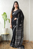 HAND BLOCK BLACK & WHITE PRINTED COTTON LINEN SAREE WITH BLOUSE  (LCS82)