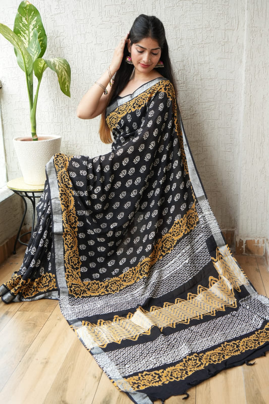HAND BLOCK BLACK & WHITE PRINTED COTTON LINEN SAREE WITH BLOUSE  (LCS84)
