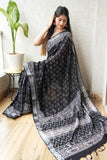 HAND BLOCK BLACK & WHITE PRINTED COTTON LINEN SAREE WITH BLOUSE  (LCS85)