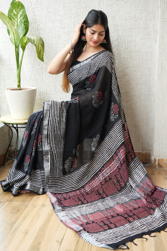 HAND BLOCK BLACK & WHITE PRINTED COTTON LINEN SAREE WITH BLOUSE  (LCS87)