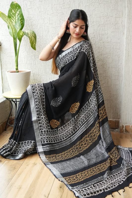 HAND BLOCK BLACK & WHITE PRINTED COTTON LINEN SAREE WITH BLOUSE  (LCS88)
