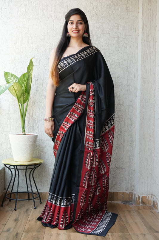 Natural Dye Vegetable Hand Block Print Ajarkh Vanaspati Pure Modal Silk Saree (CIG1)