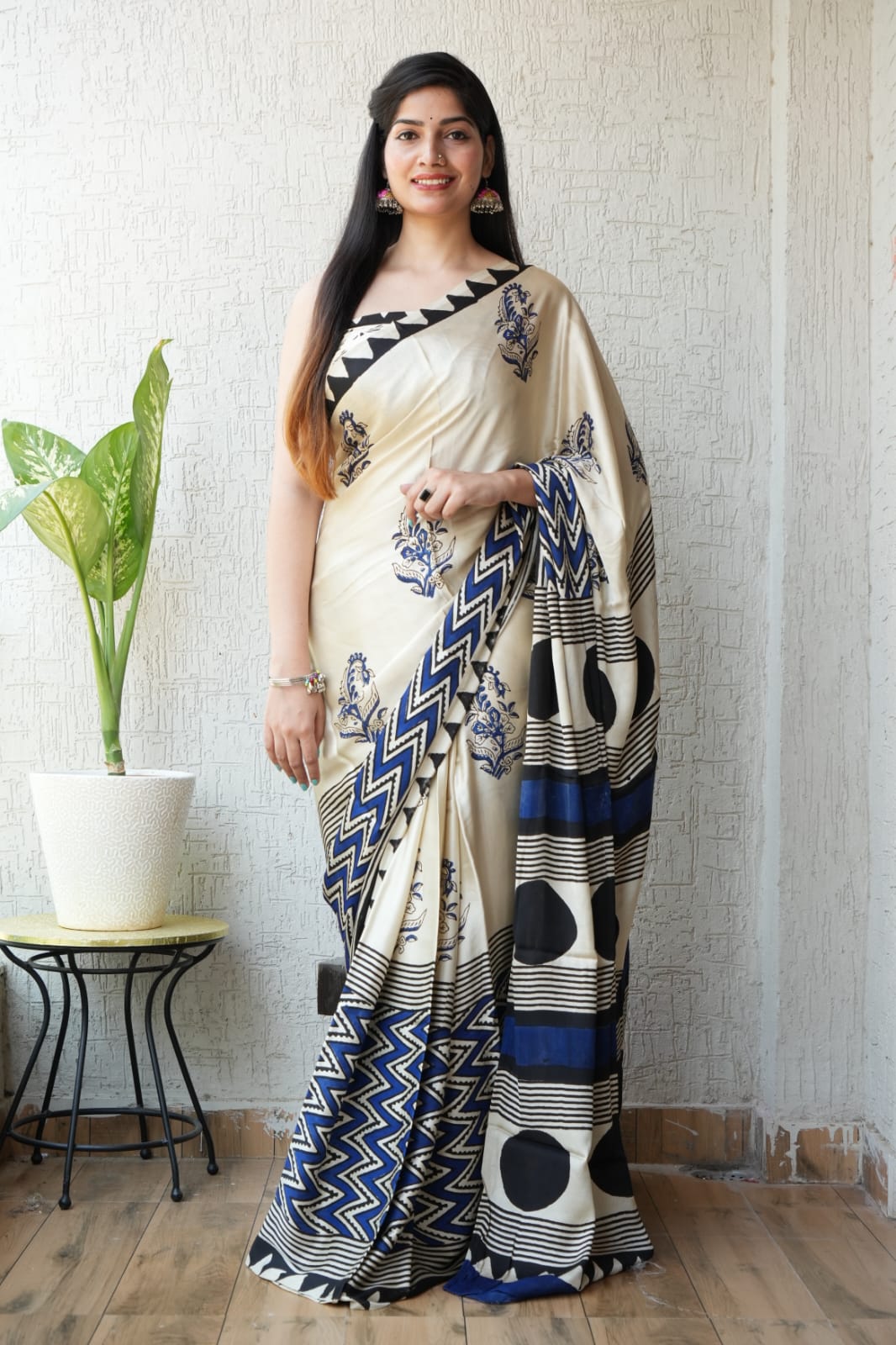 Ajrakh Hand Block Bagru Vanspati Printend Modal Silk Saree with Blouse (CID3)