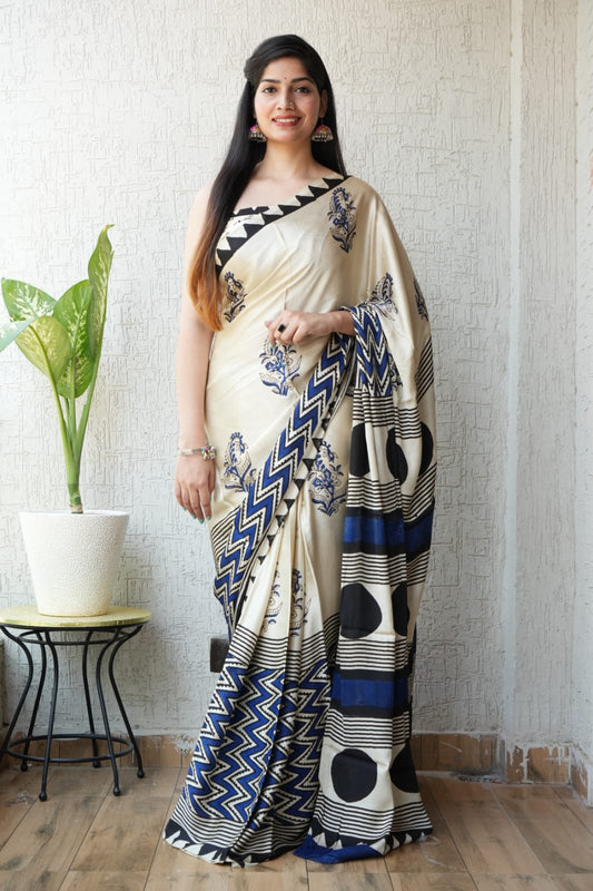 Ajrakh Hand Block Bagru Vanspati Printend Modal Silk Saree with Blouse (CID3)
