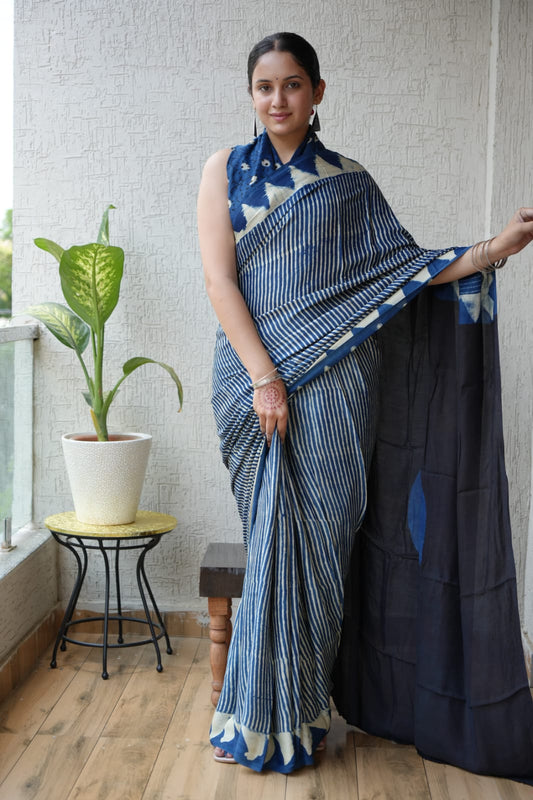 Ajrakh Hand Block Bagru Vanspati Printend Modal Silk Saree with Blouse (CID12)