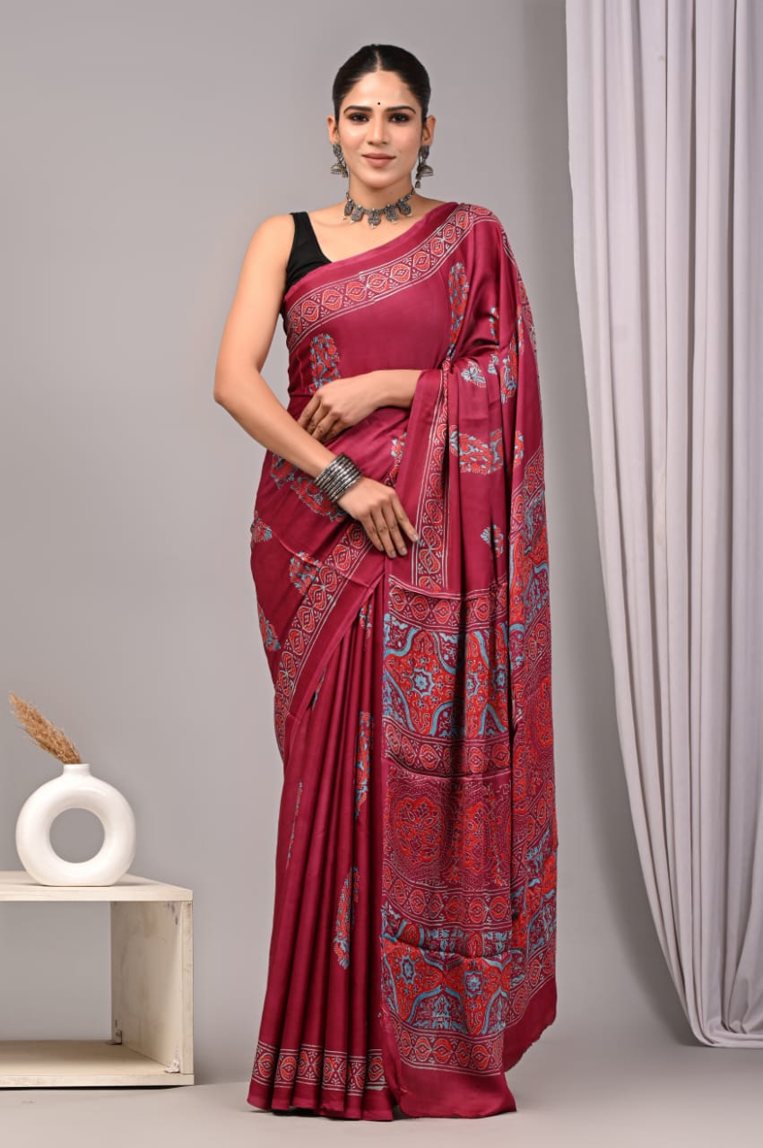 Ajrakh Hand Block Bagru Vanspati Printend Modal Silk Saree with Blouse (CID26)