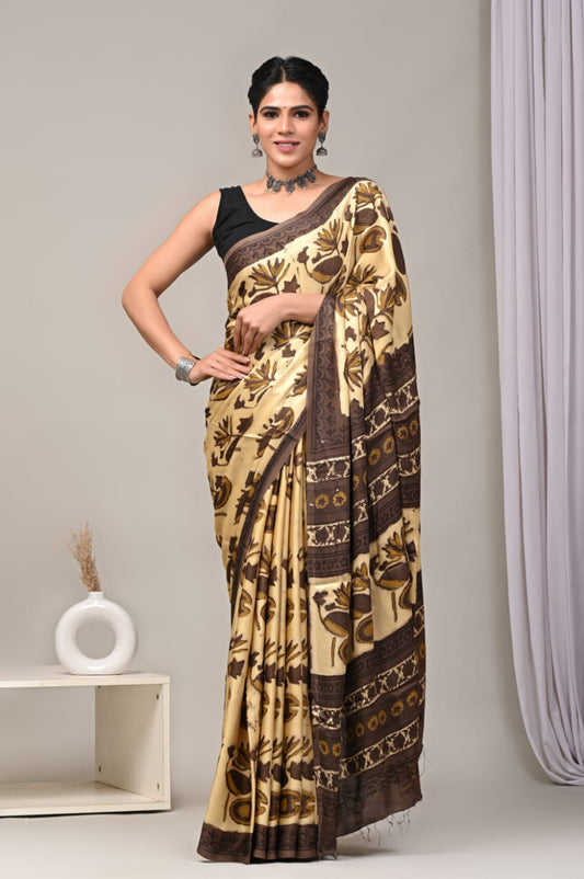 Ajrakh Hand Block Bagru Vanspati Printend Modal Silk Saree with Blouse (CID28)
