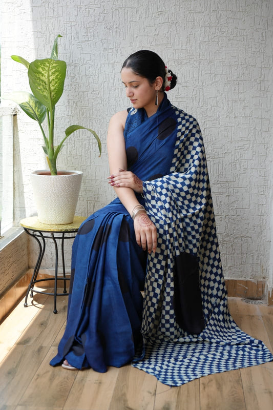 Ajrakh Hand Block Bagru Vanspati Printend Modal Silk Saree with Blouse (CID37)