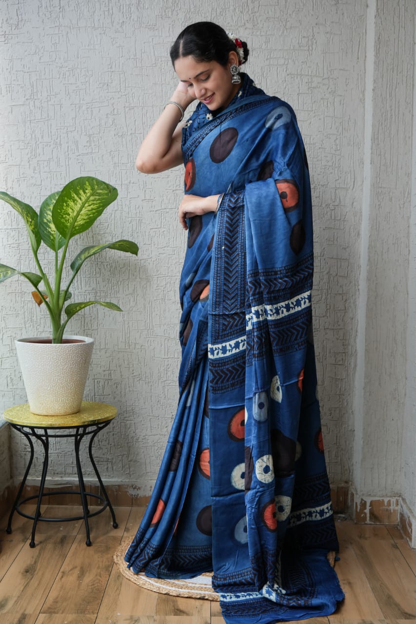 Ajrakh Hand Block Bagru Vanspati Printend Modal Silk Saree with Blouse (CID41)