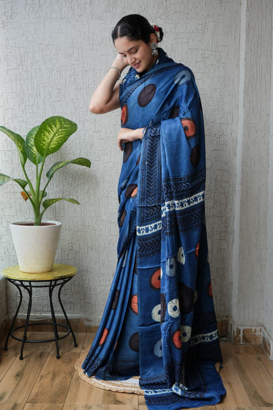 Ajrakh Hand Block Bagru Vanspati Printend Modal Silk Saree with Blouse (CID41)