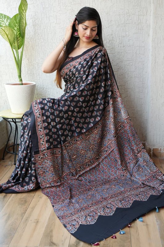 HAND BLOCK PRINTED AJRAKH MODAL SILK SAREE (CIG29)