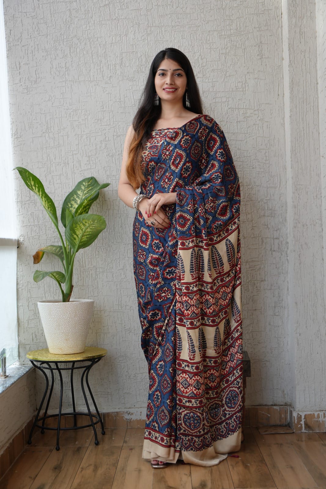 HAND BLOCK PRINTED AJRAKH MODAL SILK SAREE (CIG31)