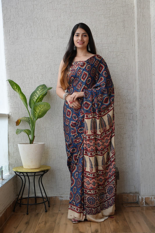 HAND BLOCK PRINTED AJRAKH MODAL SILK SAREE (CIG31)