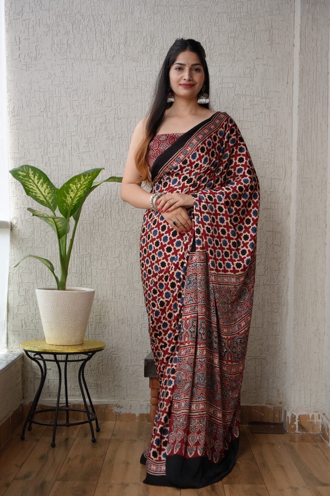 HAND BLOCK PRINTED AJRAKH MODAL SILK SAREE (CIG34)