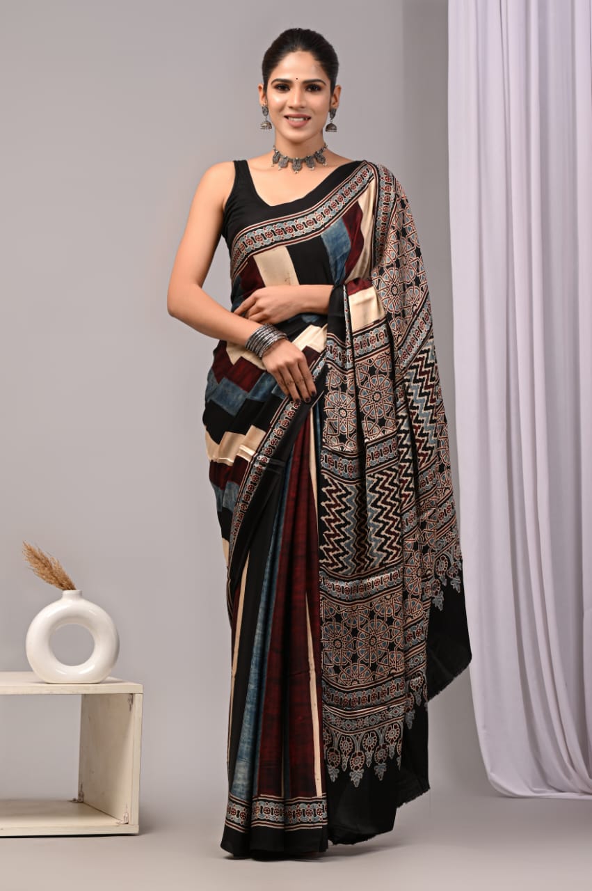 HAND BLOCK PRINTED AJARKH MODAL SILK SAREE (CIG24)