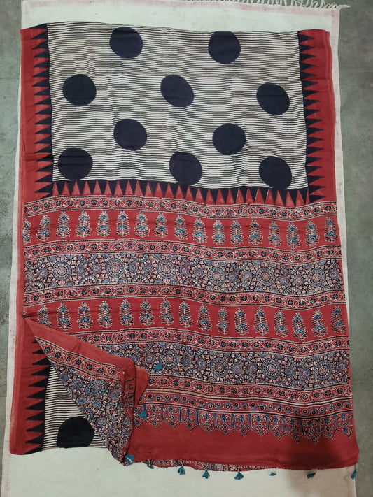 HAND BLOCK PRINTED AJARKH MODAL SILK SAREE (CIG9)