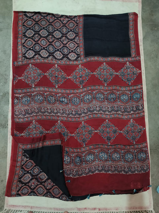 HAND BLOCK PRINTED AJARKH MODAL SILK SAREE (CIG8)