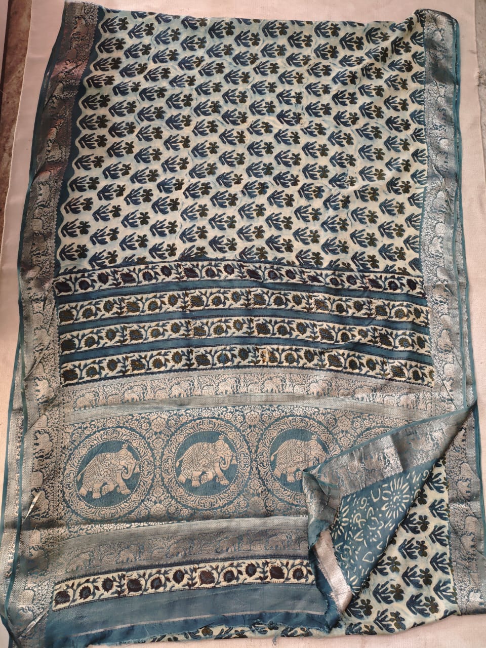 AJRAKH PRINTED PURE DOLA SILK SAREE WITH BLOUSE (MS14)