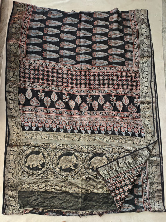 AJRAKH PRINTED PURE DOLA SILK SAREE WITH BLOUSE (MS12)