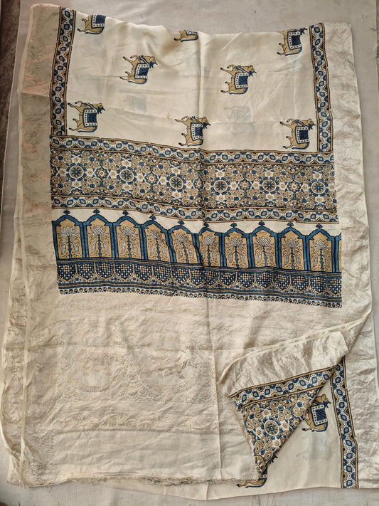 AJRAKH PRINTED PURE DOLA SILK SAREE WITH BLOUSE (MS16)