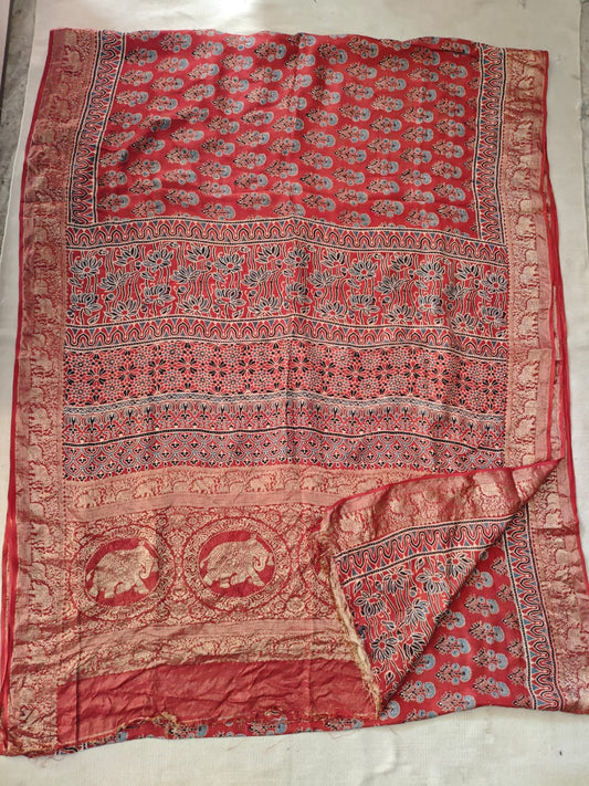 AJRAKH PRINTED PURE DOLA SILK SAREE WITH BLOUSE (MS20)