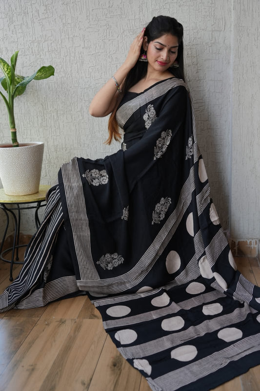Ajrakh Hand Block Bagru Vanspati Printend Modal Silk Saree with Blouse (CID12)